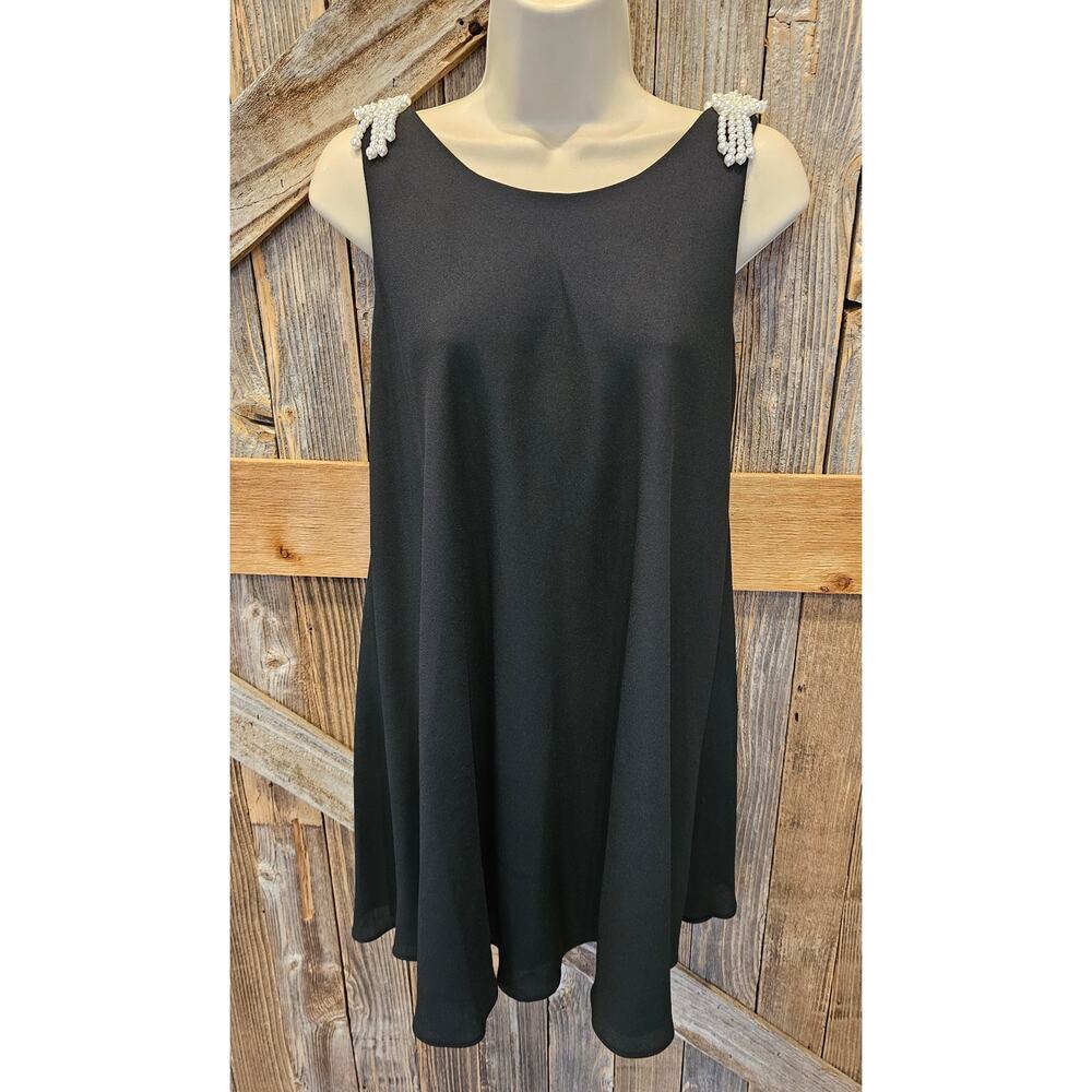 Ann Hobbs size 4 faux pearl accent beaded black shift dress midi EUC glam classy